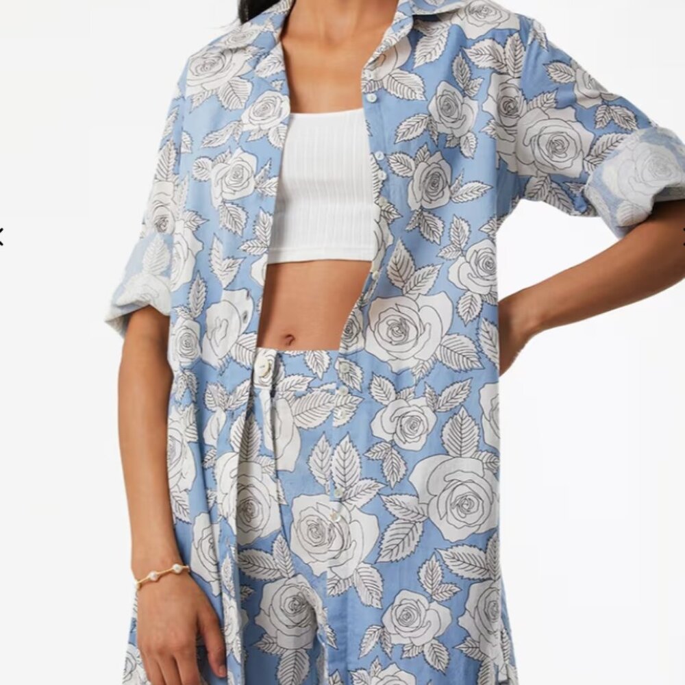 Cotton Co-Ord Set: Floral Blue And White Pants